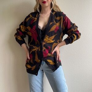Vintage 1990s Black Cotton Cardigan With Red Florals (M/L)